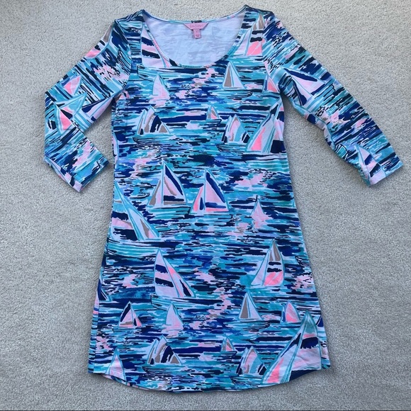 Lilly Pulitzer Dresses & Skirts - Lilly Pulitzer upf 50+ 3/4 sleeve tammy dress pier pressure blue pink sailboats